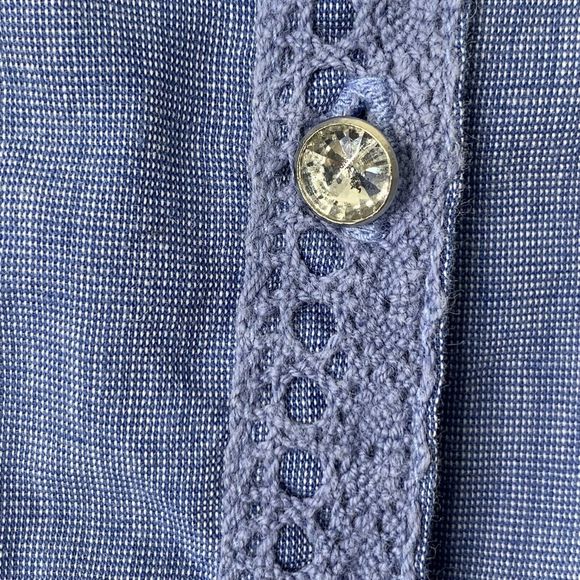Adolfo Chambray Blue Button-up Shirt Women Size M Ruffles Crystal Buttons - Picture 7 of 14